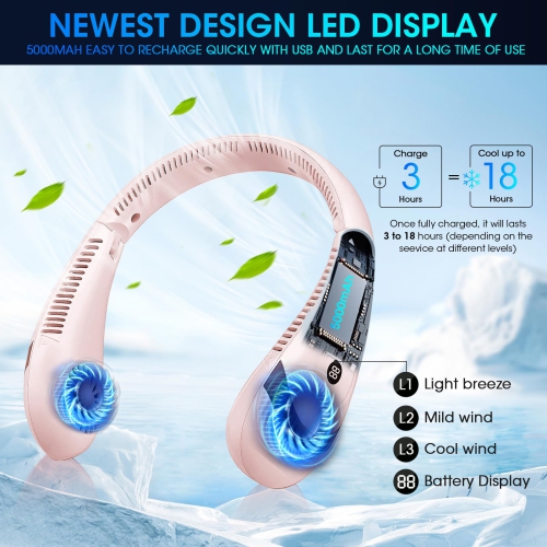 Neck Fan Rechargeable, 5000mAh Bladeless Portable Neck Fan Foldable 3 Speed Wearable Hands-Free Personal Cooling Fan with LED Display for Traveling,