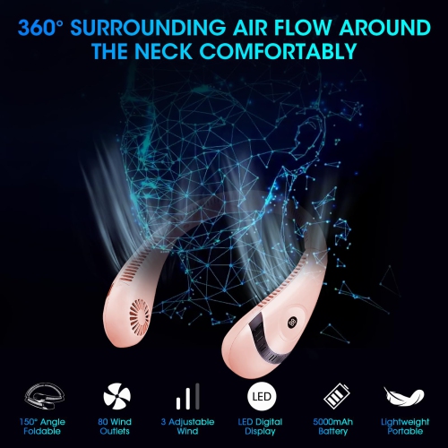 Neck Fan Rechargeable, 5000mAh Bladeless Portable Neck Fan Foldable 3 Speed Wearable Hands-Free Personal Cooling Fan with LED Display for Traveling,