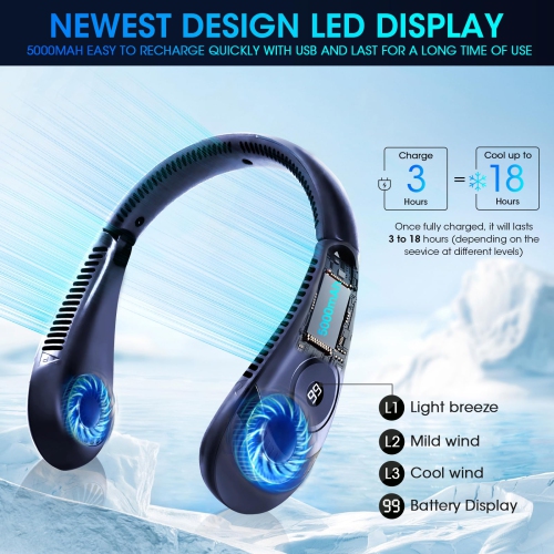 Neck Fan Rechargeable, 5000mAh Bladeless Portable Neck Fan Foldable 3 Speed Wearable Hands-with LED Display for Traveling, Sports, Work, Home, Kitchen