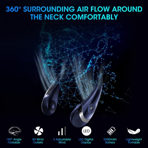 Neck Fan Rechargeable, 5000mAh Bladeless Portable Neck Fan Foldable 3 Speed Wearable Hands-with LED Display for Traveling, Sports, Work, Home, Kitchen