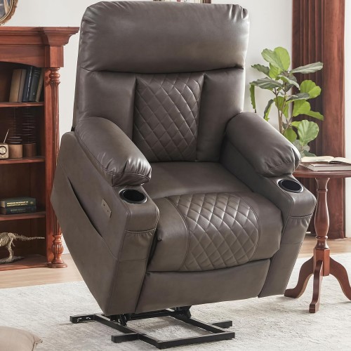 Electric Recliner Chair, Power Recliner with Heat and Massage, Dual Motor, Cupholder, USB & Type C Ports, Extended Footrest