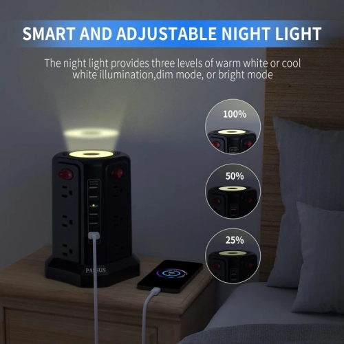 Tower Power Bar Surge Protector PASSUS | 10FT Extension Cord, 5 USB Ports, 12 AC Outlets, Night Light