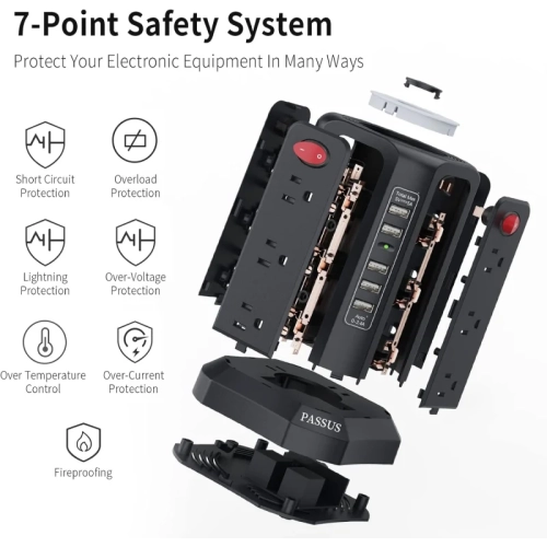 Tower Power Bar Surge Protector PASSUS | 10FT Extension Cord, 5 USB Ports, 12 AC Outlets, Night Light