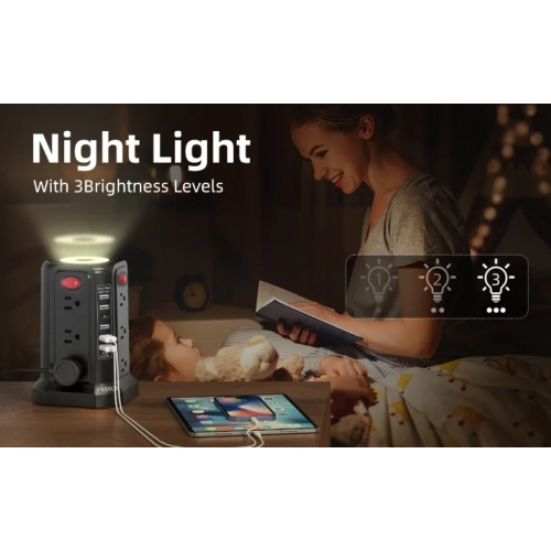Tower Power Bar Surge Protector PASSUS | 10FT Extension Cord, 5 USB Ports, 12 AC Outlets, Night Light