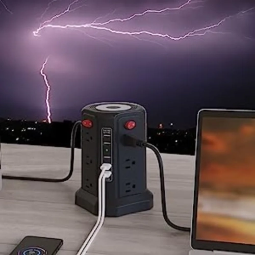 Tower Power Bar Surge Protector PASSUS | 10FT Extension Cord, 5 USB Ports, 12 AC Outlets, Night Light