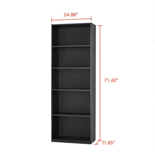 Mainstays 5-Shelf Bookcase with Adjustable Shelves, Multiple Colors, 71" tall, Black