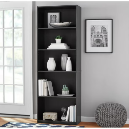 Mainstays 5-Shelf Bookcase with Adjustable Shelves, Multiple Colors, 71" tall, Black
