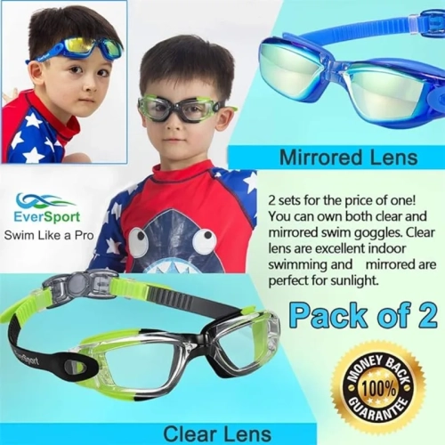 Kids Swim Goggles 2 Pack, Anti-Fog, Anti-UV Swimming Goggles for Children, Teens, Youth