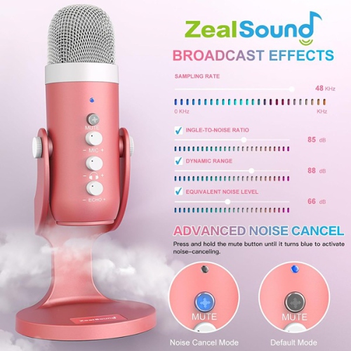 ZealSound 4.01 x 4.01 x 15.49 cm Gaming USB microphone ZealSound Pink Mic for iPhone Computer PC PS5 Condenser Microphone with Mute Pink
