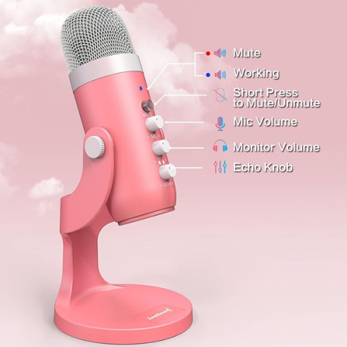 ZealSound 4.01 x 4.01 x 15.49 cm Gaming USB microphone ZealSound Pink Mic for iPhone Computer PC PS5 Condenser Microphone with Mute Pink