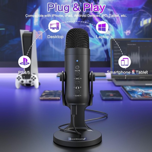 ZealSound 4,01 x 4,01 x Microphone USB 15,49&nbsp;cm, téléphone condensateur ordinateur PC Kit Microphone de jeu Plug and Play pour PS4 et PS5 Noir