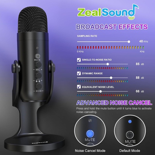 ZealSound 4,01 x 4,01 x Microphone USB 15,49&nbsp;cm, téléphone condensateur ordinateur PC Kit Microphone de jeu Plug and Play pour PS4 et PS5 Noir