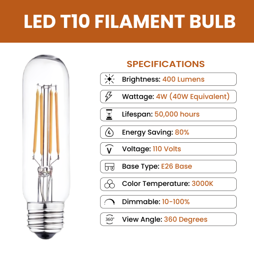 LED T10 Dimmable Filament Bulb, 4W 400 Lumens, E26 Tubular Vintage Bulb, 3000K Soft White, Edison E26 Base CUL/UL Certified (Pack of 4)
