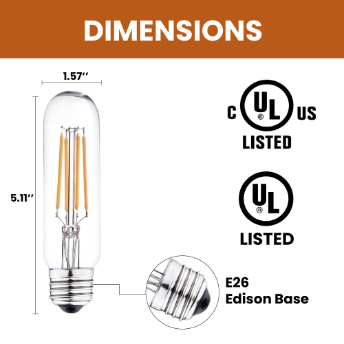 LED T10 Dimmable Filament Bulb, 4W 400 Lumens, E26 Tubular Vintage Bulb, 3000K Soft White, Edison E26 Base CUL/UL Certified (Pack of 4)