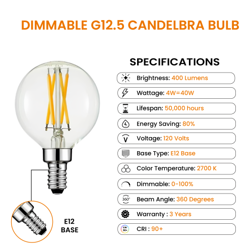 Strak LED Dimmable G12.5 Candelabra Bulb, 4W, 2700K Warm White, 400LM, Clear Globe E12 Base Incandescent Bulb, 90+CRI CUL/UL Listed - (Pack of 6)