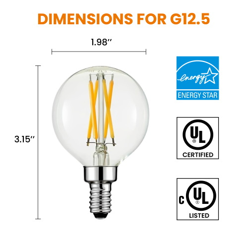 Strak LED Dimmable G12.5 Candelabra Bulb, 4W, 3000K Soft White, 400LM, Clear Globe E12 Base Incandescent Bulb, 90+CRI CUL/UL Listed - (Pack of 6)