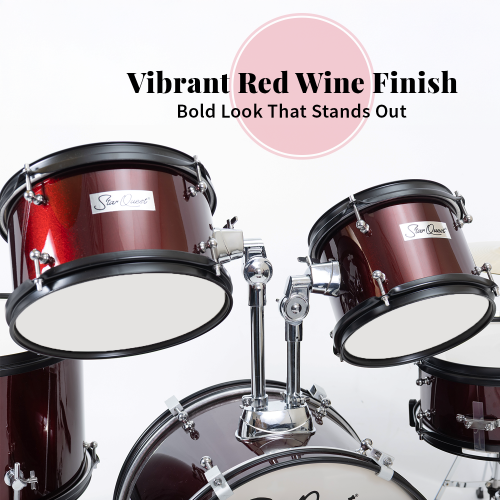 StarQuest Junior 5-Piece Drum Set, Metallic Wine Red Finish with Bass, Snare, 2x Toms, Floor tom, High Hats and Crash Cymbal, Perfect for Young