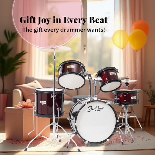 StarQuest Junior 5-Piece Drum Set, Metallic Wine Red Finish with Bass, Snare, 2x Toms, Floor tom, High Hats and Crash Cymbal, Perfect for Young