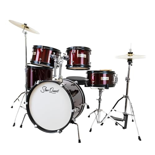 StarQuest Junior 5-Piece Drum Set, Metallic Wine Red Finish with Bass, Snare, 2x Toms, Floor tom, High Hats and Crash Cymbal, Perfect for Young