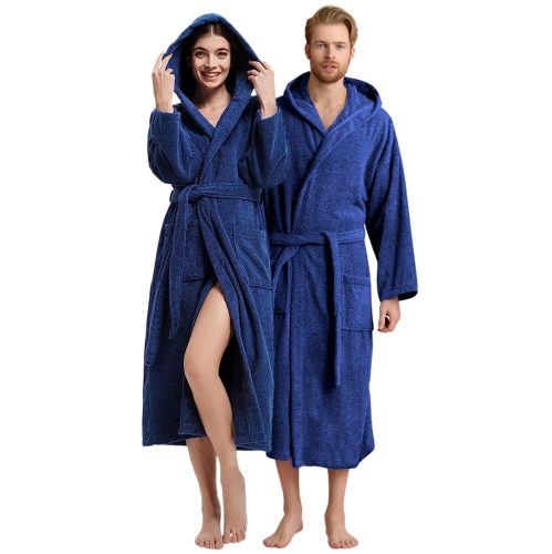 CANADIAN LINEN  Terry Cloth Bathrobes for Women 100% Cotton Hooded Robes Soft Bathrobe Towel Spa Robe Unisex Adult Hotel Robe Warm Mens Robe (Navy