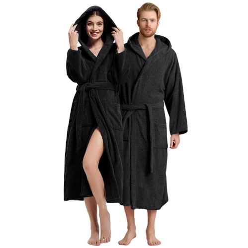 CANADIAN LINEN  Terry Cloth Bathrobes for Women 100% Cotton Hooded Robes Soft Bathrobe Towel Spa Robe Unisex Adult Hotel Robe Warm Mens Robe (Black