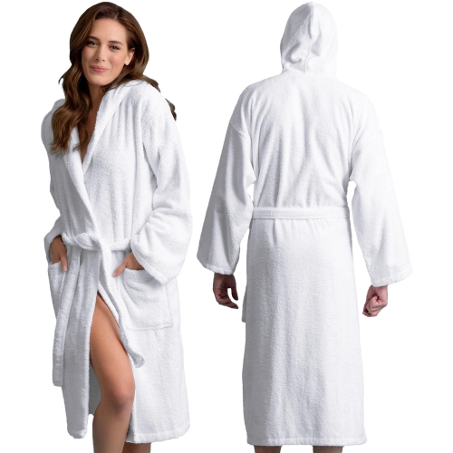 CANADIAN LINEN  Terry Cloth Bathrobes Cotton for Womens Shower Bath Hooded Soft Plush Hotel Spa Message Salon Motel Resorts Lounge Robes, Medium