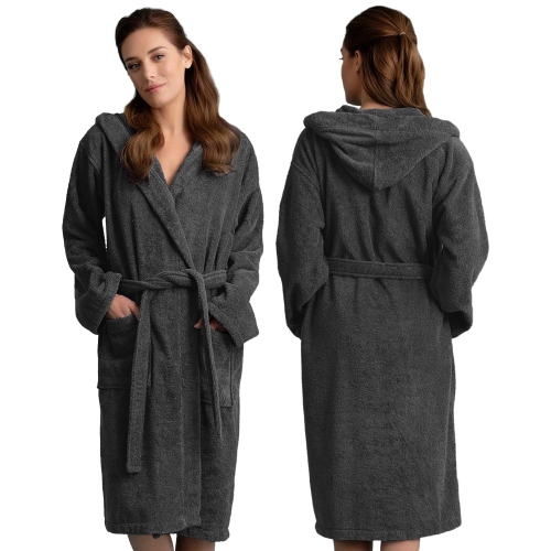 CANADIAN LINEN  Terry Women Cloth Warm Bathrobe Cotton for Adult Hooded Shower Bath Soft Plush Hotel Spa Massage Salon Resorts Lounge, Large, Dark