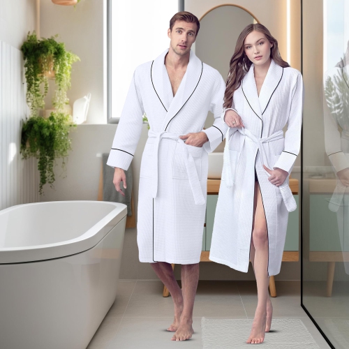 Canadian Linen Women Shawl Collar Terry Waffle Bathrobes Soft Absorbent Cotton Bathrobes for Shower bath Women Spa & Salons Lounge Robes, Large, White