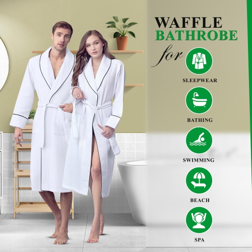 Canadian Linen Women Shawl Collar Terry Waffle Bathrobes Soft Absorbent Cotton Bathrobes for Shower bath Women Spa & Salons Lounge Robes, Large, White