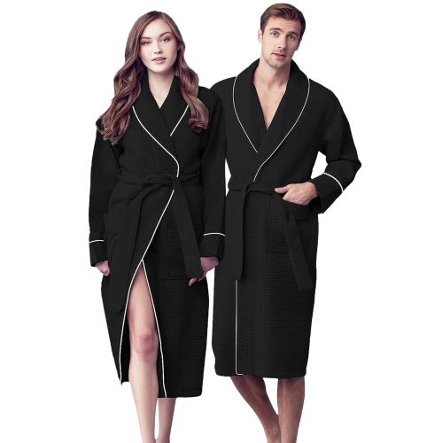 Canadian Linen Women Shawl Collar Terry Waffle Bathrobes Soft Absorbent Cotton Bathrobes for Shower bath Women Spa & Salons Lounge Robes, Large, Black