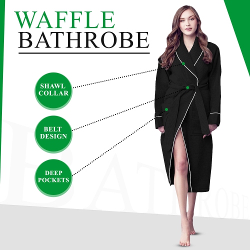 Canadian Linen Women Shawl Collar Terry Waffle Bathrobes Soft Absorbent Cotton Bathrobes for Shower bath Women Spa & Salons Lounge Robes, Large, Black