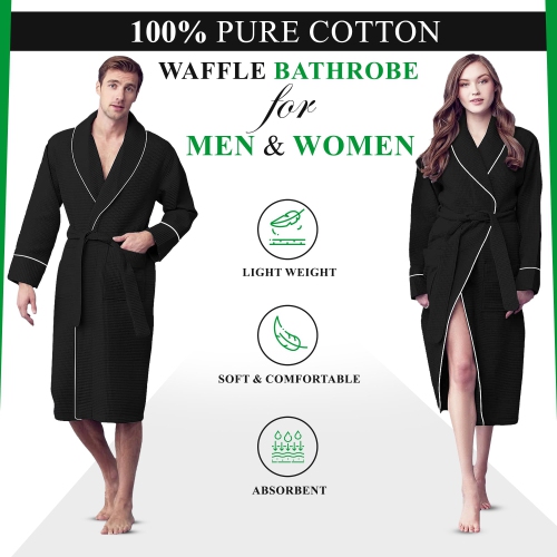 Canadian Linen Women Shawl Collar Terry Waffle Bathrobes Soft Absorbent Cotton Bathrobes for Shower bath Women Spa & Salons Lounge Robes, Large, Black
