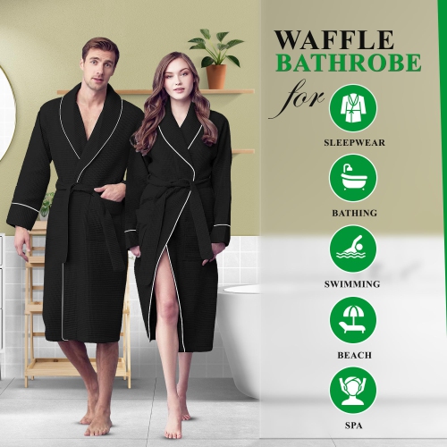 Canadian Linen Women Shawl Collar Terry Waffle Bathrobes Soft Absorbent Cotton Bathrobes for Shower bath Women Spa & Salons Lounge Robes, Large, Black