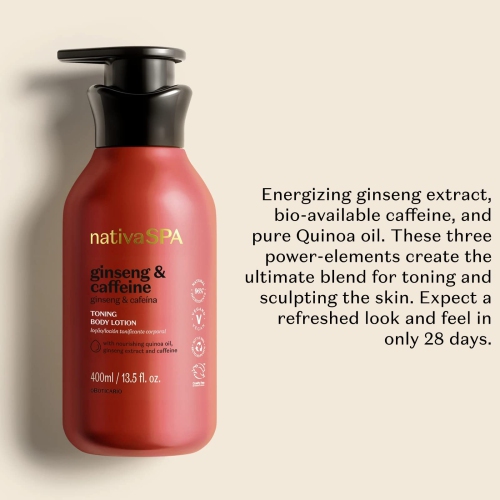 Nativa SPA by O Boticário Ginseng & Caffeine Toning Body Lotion, Fragranced Moisturizer Enriched with Purified Quinoa Drops to Boost Hydration, 13.5