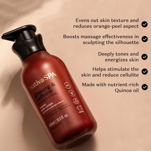 Nativa SPA by O Boticário Ginseng & Caffeine Toning Body Lotion, Fragranced Moisturizer Enriched with Purified Quinoa Drops to Boost Hydration, 13.5