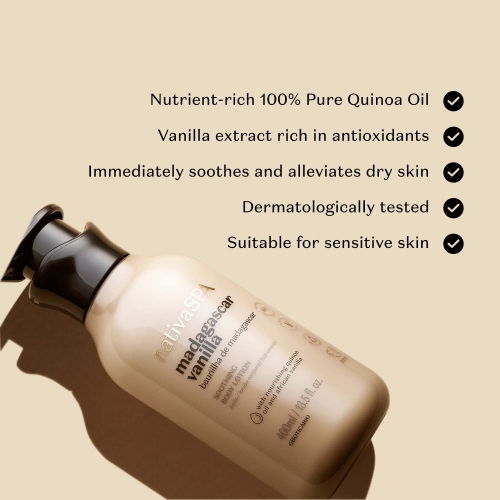 Nativa SPA by O Boticário, Madagascar Vanilla Moisturizing Body Lotion, Fragranced Skin Moisturizer with Purified Quinoa Drops, 13.5 Ounce