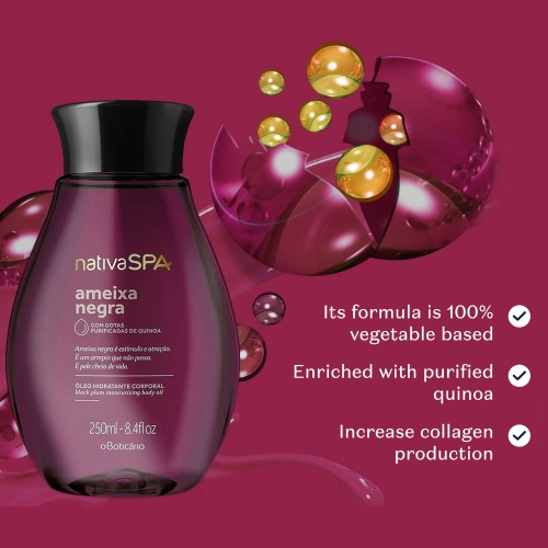 Nativa SPA by O Boticário, Black Plum Body Oil, Enriched with Purified Quinoa Drops to Boost Hydration, 6.8 Ounce