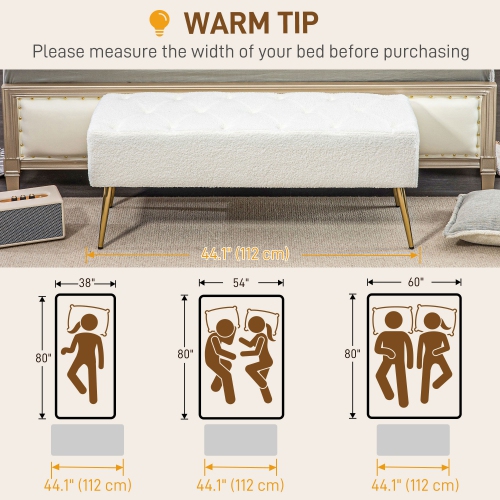 HOMCOM 44" End of Bed Bench, Lamb's Wool-Feel Upholstered Entryway Bench with Tufted Padded Seat and Steel Legs for Living Room, Hallway, Cream White