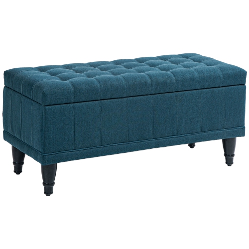 HOMCOM  Storage Ottoman, Linen Fabric End Of Bed Bench With Soft Close Lid, Button Tufted Storage Bench for Living Room, Entryway Or Bedroom In Blue