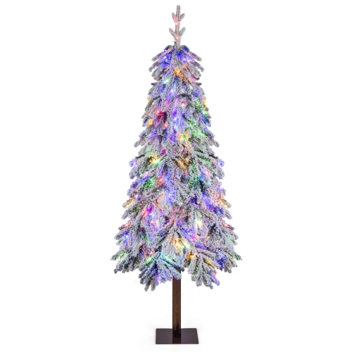 COSTWAY  6 Ft Pre-Lit Flocked Christmas Tree 11 Lighting Modes Hinged With 220 Led Lights