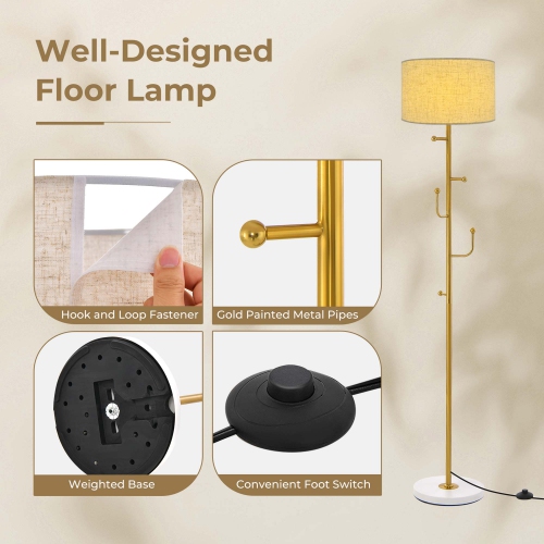 Costway Floor Lamp with Coat Rack 5 Hooks Foot Switch Weighted Base Bedroom Living Room