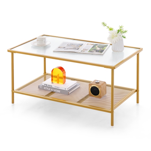 COSTWAY  2-Tier Coffee Table With Shelf With Tempered Glass Top & Metal Frame Living Room