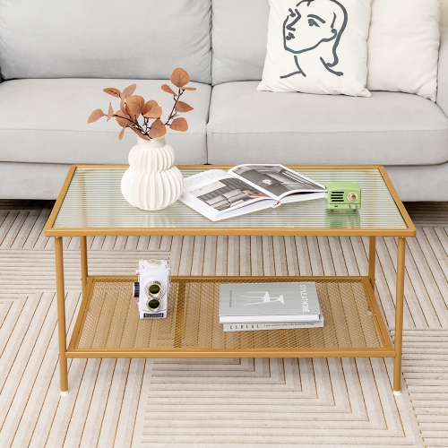 Costway 2-Tier Coffee Table with Shelf with Tempered Glass Top & Metal Frame Living Room