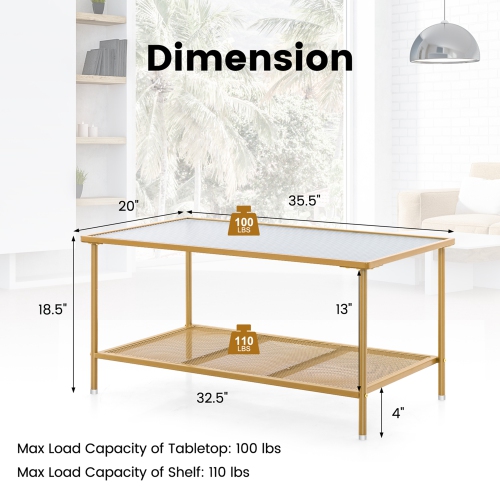 Costway 2-Tier Coffee Table with Shelf with Tempered Glass Top & Metal Frame Living Room