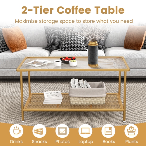 Costway 2-Tier Coffee Table with Shelf with Tempered Glass Top & Metal Frame Living Room