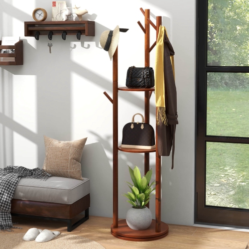 Costway Freestanding Wooden Coat Tree 360° Rotary Coat Rack with 3 Display Storage Shelves