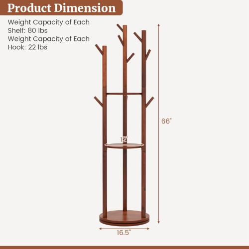 Costway Freestanding Wooden Coat Tree 360° Rotary Coat Rack with 3 Display Storage Shelves