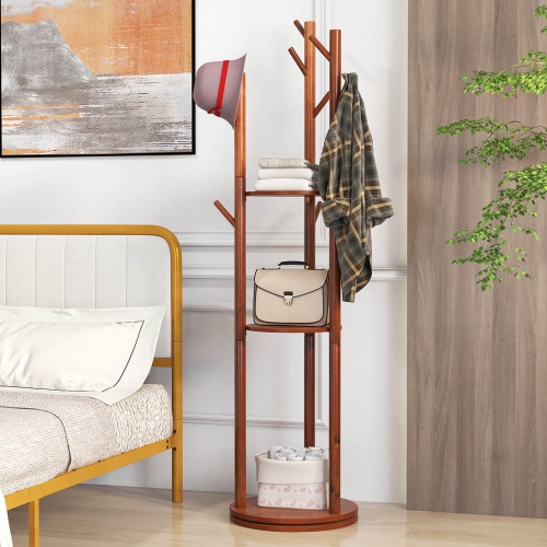 Costway Freestanding Wooden Coat Tree 360° Rotary Coat Rack with 3 Display Storage Shelves