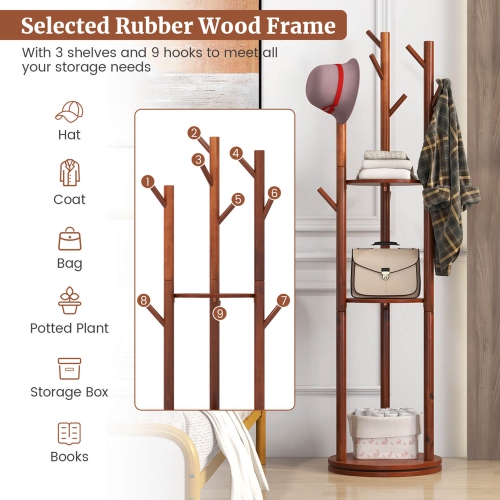 Costway Freestanding Wooden Coat Tree 360° Rotary Coat Rack with 3 Display Storage Shelves