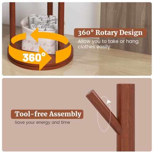 Costway Freestanding Wooden Coat Tree 360° Rotary Coat Rack with 3 Display Storage Shelves